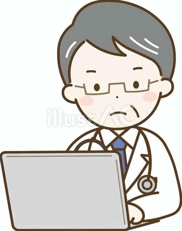 真剣にPCを操作する中年男性医師 医師,医者,男性のイラスト素材