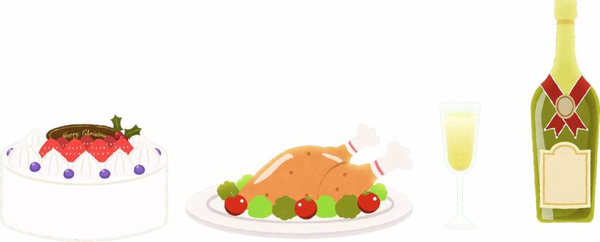 クリスマスフードイラスト手書き風 クリスマス,料理,ケーキ,ショート,いちご,ホール,デコレーション,ロースト,ターキー,お祝いのイラスト素材