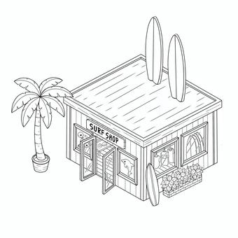 サーフショップ ぬり絵,手書き,線画,白黒,塗り絵,ぬりえ,サーフボード,サーフショップ,ヤシの木,大人向けのイラスト素材