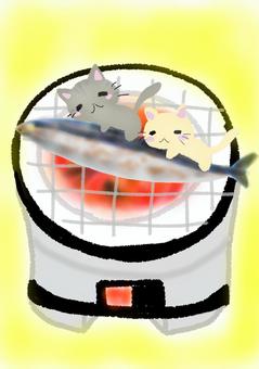七輪に秋刀魚と猫 七輪,秋刀魚,猫,焼く,ゆるい,可愛い,イラストのイラスト素材