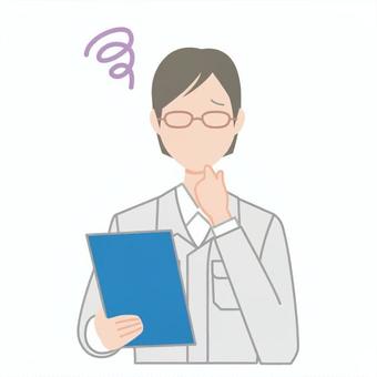 悩みがある作業服の若いメガネの女性 悩む,困る,人,トラブル,作業員,工務店,作業服,ユニフォーム,会社員,従業員のイラスト素材