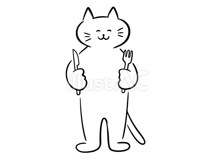 ナイフとフォークを持つ猫（モノクロ） フォーク,ナイフ,カトラリーのイラスト素材