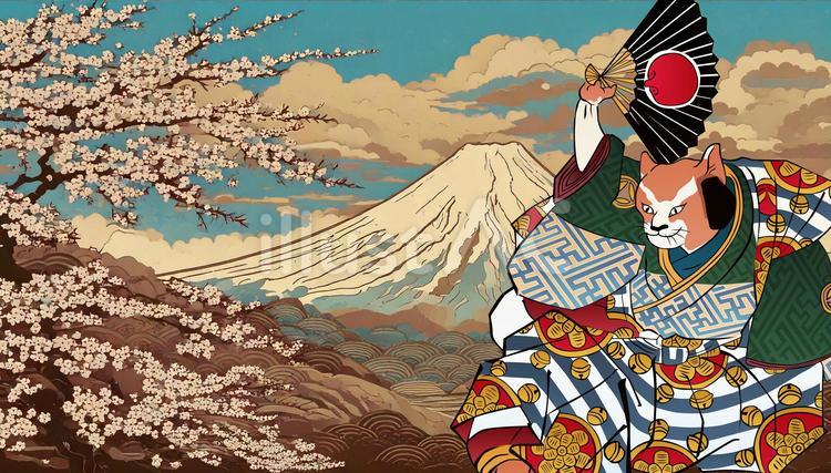 浮世絵コラージュ　猫の役者と富士山 浮世絵,猫,動物のイラスト素材