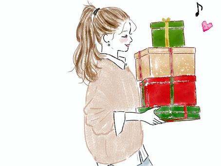 プレゼントボックスをたくさん持つ女性 女性,プレゼント,ボックス,クリスマス,誕生日,横顔,ポニーテール,持つ,ギフト,水彩のイラスト素材
