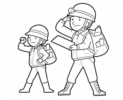 防災対策完備　２人線画 防災,線画,２人,大人,子ども,親子,ヘルメット,リュックサック,水,地図のイラスト素材