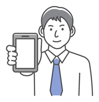 スマホの画面と男性会社員イラスト(笑顔) 男性,人物,笑顔,ビジネスマン,スマホ,スマイル,会社員,嬉しい,日本人,アジア人のイラスト素材
