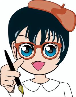 漫画家女子  漫画家女子  漫画家,ペン,ベレー帽,笑顔,眼鏡,女子,目,前髪,アニメ,ショートカットのイラスト素材