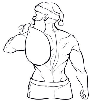 かっこいいマッチョなサンタ（線画のみ） クリスマス,サンタクロース,筋肉,マッチョ,サンタ帽子,線画,塗り絵,裸,肉体,筋トレのイラスト素材