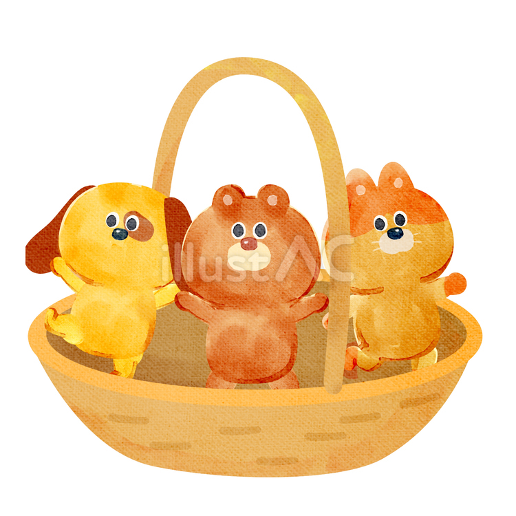 水彩画_かごの中の動物_01 猫,熊,犬のイラスト素材
