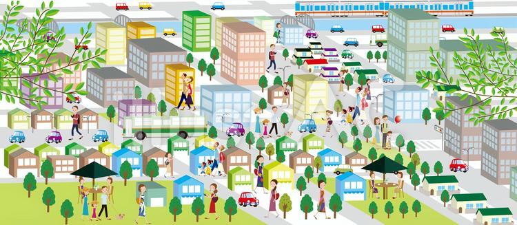 街　町　都会　 マンガ風,住宅,車のイラスト素材
