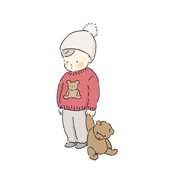 くまちゃんといっしょ こども,あかちゃん,お留守番,ぬいぐるみ,1歳,2歳のイラスト素材