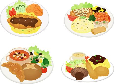 ワンプレートランチセット ワンプレート,トルコライス,ランチ,ピラフ,かつ,スパゲティ,サラダ,チャーハン,油淋鶏,海老チリのイラスト素材