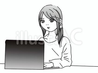 パソコンを使う女性(モノクロ)