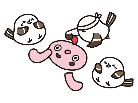 福笑いをするシマエナガ3羽 シマエナガ,エナガ,鳥,野鳥,動物,お正月,賀正,友達,家族,兄弟のイラスト素材