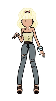 ギャル　全身 人物,ギャル,金髪,ピーズ,リボン,ジーパン,ネイル,かわいい,オシャレ,笑顔のイラスト素材