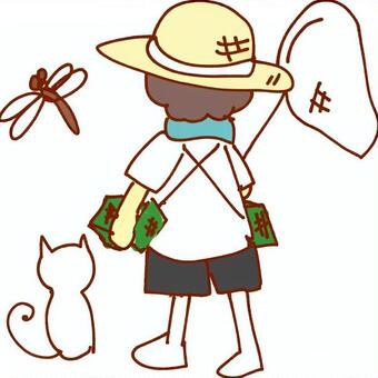 Caterpillar boy and cat, insect catching, children, dragonfly, JPG and PNG