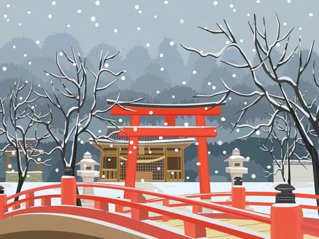 雪景色　神社 雪景色,神社,雪,冬,鳥居,橋,日本,和風,和,地方のイラスト素材