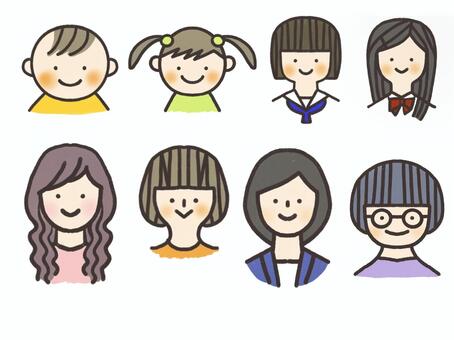 色々な年代の女性 赤ちゃん,幼児,中学生,高校生,大学生,主婦,オフィスワーカー,おばあさん,手描き風,線画のイラスト素材