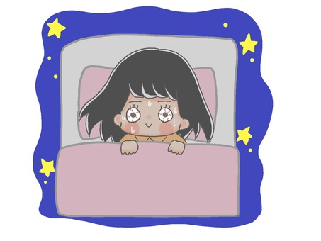 目がさえて寝れない２ 手描き,女の子,黒髪,布団,枕,夜,夜中,不眠,寝不足,眠れないのイラスト素材