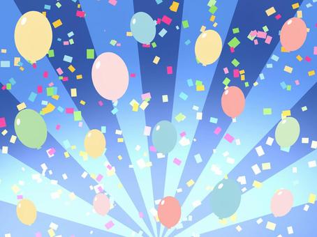 Glowing blue concentrated lines background with dancing confetti and balloons, , JPG