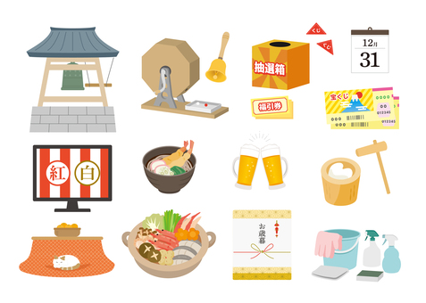 年の瀬 年の瀬,年末,大晦日,除夜の鐘,福引,福引券,抽選箱,くじ,ガラガラ,鈴のイラスト素材