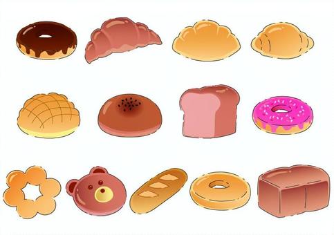 手描きパンセット パン,フランスパン,食パン,あんぱん,ドーナツ,メロンパン,ロールパン,クリームパン,クロワッサン,かわいいのイラスト素材