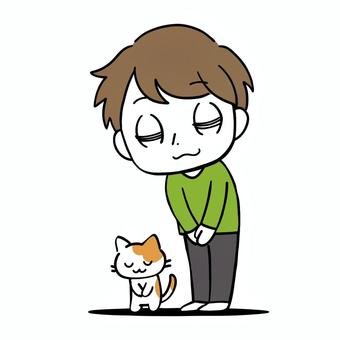 お辞儀をして挨拶をする男性と猫 挨拶,宜しく,礼儀,お辞儀,真面目,瞑る,目上,男性,猫,コミカルのイラスト素材