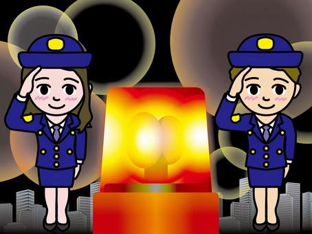 婦警とパトカーの緊急回転灯（3）CS3 警察官,婦人警官,婦警,回転灯,事件,事件現場,110番,警察,ビル街,都会のイラスト素材