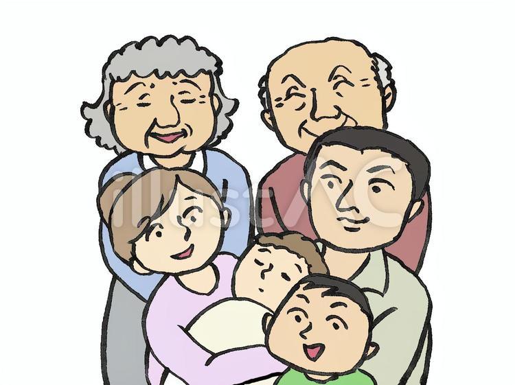 高齢夫婦とその子ども夫婦と孫の三世代家族 三世代家族,おじいさん,おばあさんのイラスト素材