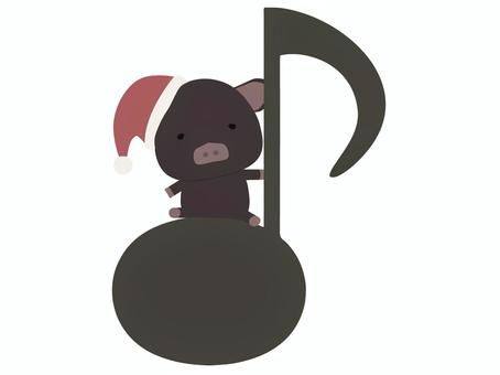 音符に座っているサンタ帽をかぶった黒豚 音符,サンタクロース,帽子,ブタ,黒豚,動物,かわいい,クリスマス,音楽のイラスト素材