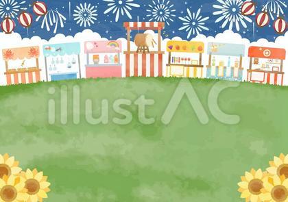 花火と夏祭りの風景イラスト