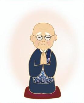 年配のお坊さんメガネ 僧侶,年配,合掌,正座,袈裟,伝統,祈り,黒,金色,紫のイラスト素材
