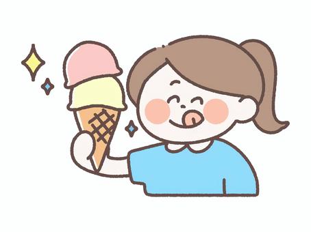 コーンに乗ったアイスを食べる女の子 アイス,コーン,食べる,おやつ,女の子,キラキラ,嬉しい,美味しそう,食べ物,お菓子のイラスト素材