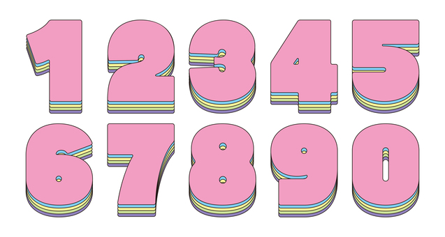 オリジナル数字セットI　多重影色付 数字,フォント,オリジナル,文字,太文字,極太,ボールド,フチ文字,袋文字,立体のイラスト素材