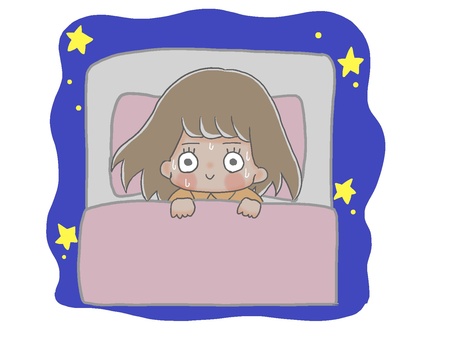 目がさえて寝れない１ 手描き,女の子,茶髪,布団,枕,睡眠,横になる,眠れない,不眠,ギラギラのイラスト素材