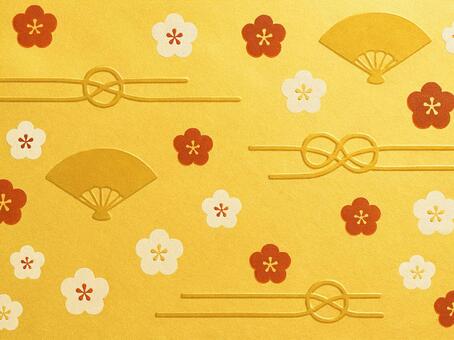 168.背景 金背景,和柄,和風,梅,梅の花,扇,扇子,水引,結び,和モチーフのイラスト素材