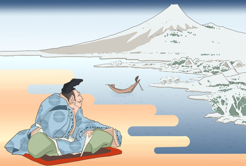 北斎　雪の富士山を思う男 富士山,雪,北斎,富嶽三十六景,江戸時代,男,思う,浮世絵,模写のイラスト素材