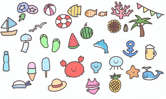 手書きの夏のイラスト 手書き,夏,かわいい,マリン,マーク,イラスト,イラスト集,あじさい,ヨット,風鈴のイラスト素材