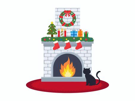 クリスマス暖炉3 クリスマス,暖炉,リース,飾り,ブーツ,炎,ろうそく,キャンドル,クリスマスツリー,リボンのイラスト素材