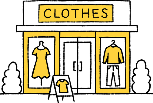 かわいい服が並ぶショーウィンドウのある店 服,並ぶ,ショーウィンドウ,店,洋服屋,ブティック,アパレルショップ,トルソー,マネキン,陳列のイラスト素材