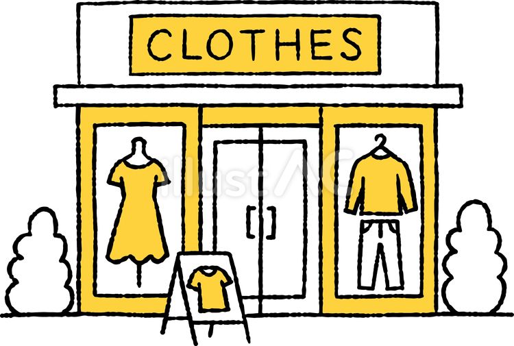 かわいい服が並ぶショーウィンドウのある店 服,並ぶ,ショーウィンドウのイラスト素材