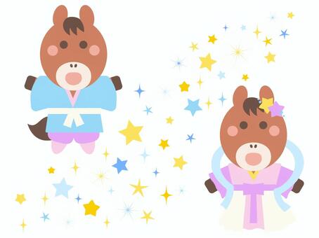 七夕織姫と彦星と天の川馬 七夕,織姫,彦星,天の川,馬,動物,キャラクター,7月,夏,行事のイラスト素材