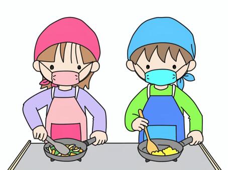 料理をしている子 料理,調理,家庭科,男の子,女の子,学校,エプロン,マスクのイラスト素材