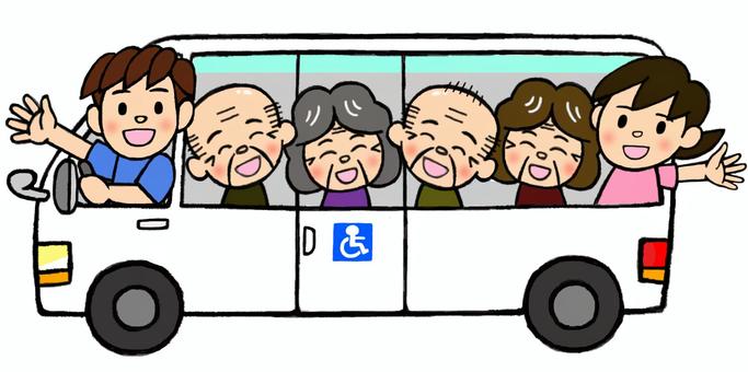 Fun long-term care shuttle trip by minibus, courtesy bus, care, welfare, JPG and PNG