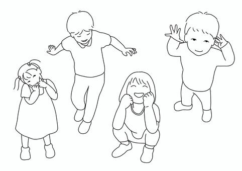 わんぱくな子供達線画 子供,わんぱく,男の子,女の子,ポーズ,しゃがむ,元気,走る,歩く,決めポーズのイラスト素材