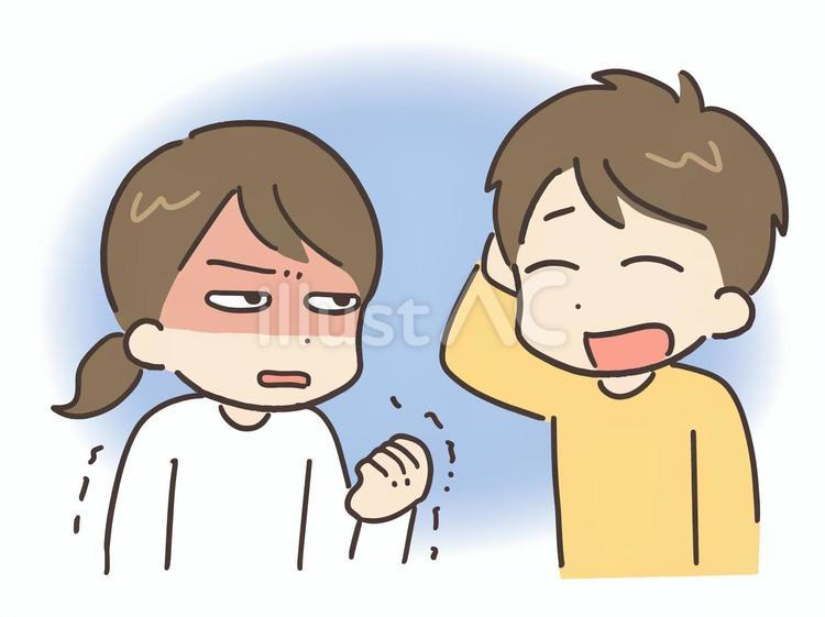 笑ってごまかす男性と許せない女性 夫婦,ストレス,怒るのイラスト素材