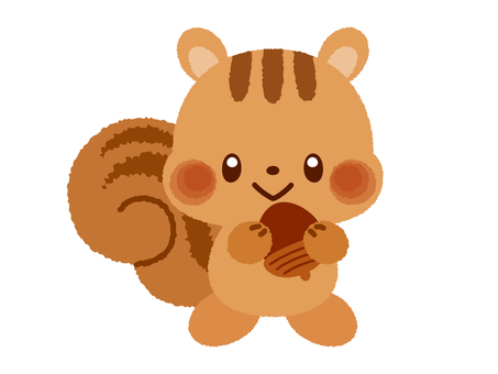 どんぐりを持ったかわいい手描きのリス／茶 リス,どんぐり,秋,かわいい,手描き,キャラクター,笑顔,ほっぺ,しっぽ,こども向けのイラスト素材