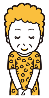  大阪のおばちゃん(黄)-081-バスト おじぎ,笑顔,おばちゃん,大阪,ヒョウ柄,おばはん,中年,女性,関西,派手のイラスト素材