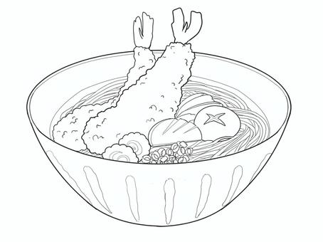 塗り絵　蕎麦 塗り絵,食べ物,蕎麦,海老天,シイタケ,かまぼこ,ネギ,ほうれん草のイラスト素材