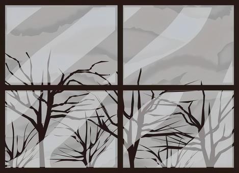 寒空-窓 寒空,冬,窓,室内,寒い,樹木,枝,枯れ木,曇り,どんよりのイラスト素材